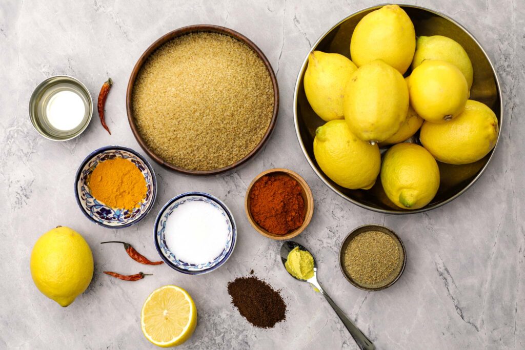 Ingredients for Indian lemon pickle, nimbu ka achaar